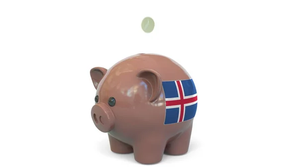 Geld in spaarpot stoppen met de vlag van IJsland. Belastingssysteem of spaargerelateerde conceptuele 3d-rendering — Stockfoto