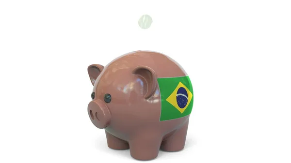 Putting money into piggy bank with flag of Brazil. Tax system system or savings related conceptual 3D rendering — Stock Photo, Image