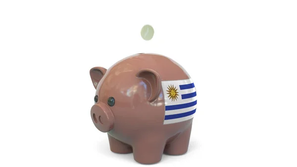 Ставлю деньги в копилку с флагом Уругвая. Налоговая система или концептуальный 3D рендеринг, связанный с экономией — стоковое фото