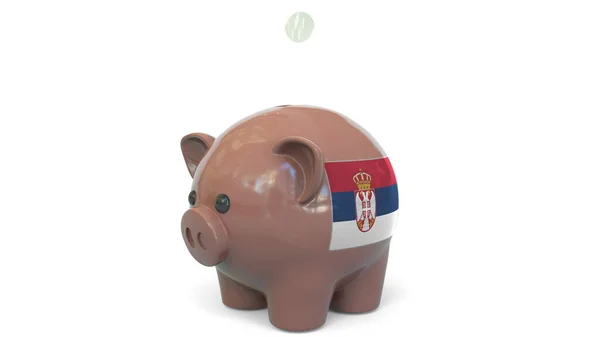 Ставлю деньги в копилку с флагом Сербии. Налоговая система или концептуальный 3D рендеринг, связанный с экономией — стоковое фото
