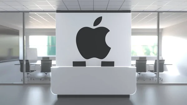 Logotipo de APPLE INC en una pared en la oficina moderna, representación conceptual editorial 3D —  Fotos de Stock