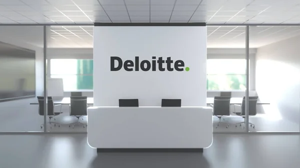 Deloitte logotyp ovanför receptionen i det moderna kontoret, redaktionell konceptuell 3D-rendering — Stockfoto