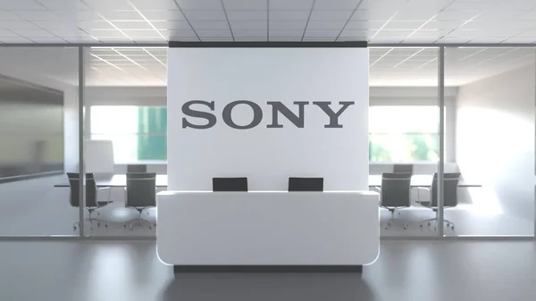 Логотип SONY CORPORATION на стене в современном офисе, редакционная концептуальная 3D рендеринг — стоковое фото