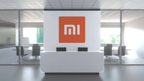 Современный конференц-зал и прием с логотипом XIAOMI CORPORATION. Редакционная концептуальная 3D рендеринг — стоковое фото