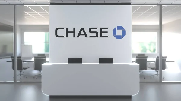 CHASE logo above reception desk in the modern office, editorial conceptual 3D rendering — Stock Photo, Image