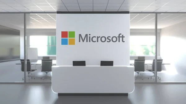 Logo MICROSOFT di atas meja resepsionis di kantor modern, editorial konseptual 3D rendering — Stok Foto