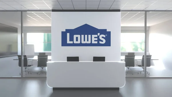 Logotipo de LOWES em uma parede no escritório moderno, editorial conceitual renderização 3D — Fotografia de Stock