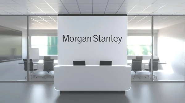 MORGAN STANLEY logo por encima de la recepción en la oficina moderna, representación conceptual editorial 3D —  Fotos de Stock