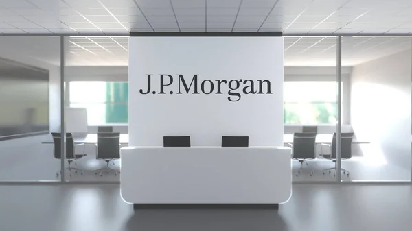 현대 사무실의 벽에 있는 JPMorgan 의 로고, 편집 개념 3D 렌더링 — 스톡 사진