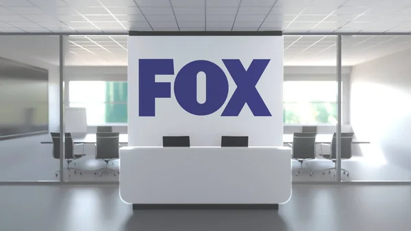 FOX CORPORATION logo por encima de la recepción en la oficina moderna, representación conceptual editorial 3D — Foto de Stock