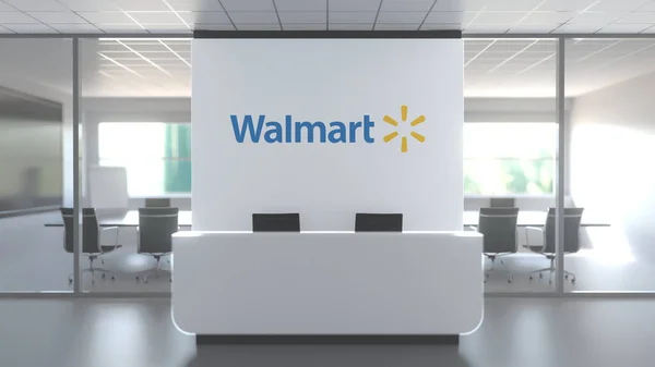 A Walmart, Inc. logója a modern iroda falán, szerkesztői konceptuális 3D-s renderelés — Stock Fotó