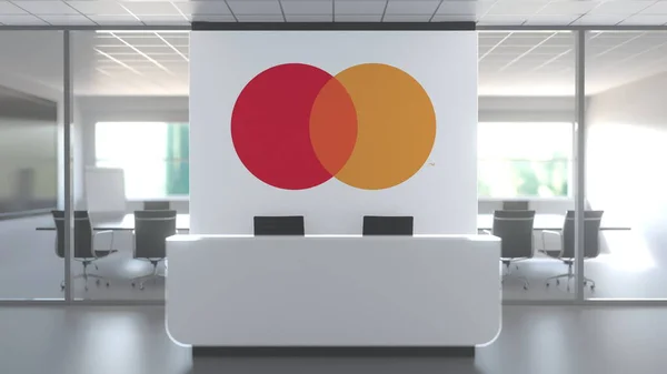 Mastercard logotyp ovanför receptionen i det moderna kontoret, redaktionell konceptuell 3D-rendering — Stockfoto