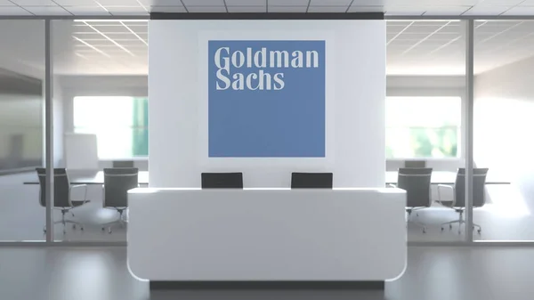 Logotyp för Goldman Sachs på en vägg i det moderna kontoret, redaktionell konceptuell 3D-rendering — Stockfoto