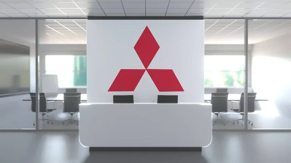Mitsubishi λογότυπο πάνω από το γραφείο υποδοχής στο σύγχρονο γραφείο, συντακτική εννοιολογική 3d απόδοση — Φωτογραφία Αρχείου