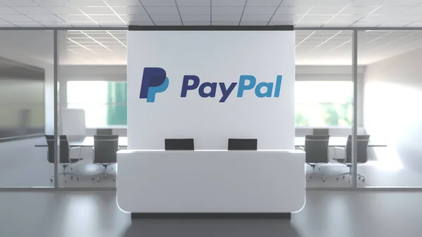 Λογότυπο του Paypal σε έναν τοίχο στο σύγχρονο γραφείο, συντακτική εννοιολογική 3d απόδοση — Φωτογραφία Αρχείου