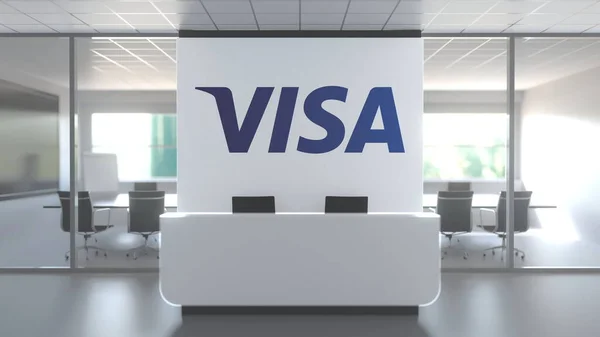 Логотип VISA на стене в современном офисе, редакционная концептуальная 3D рендеринг — стоковое фото