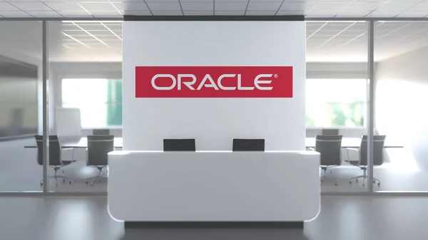 Logotyp av Oracle på en vägg i det moderna kontoret, redaktionell konceptuell 3D-rendering — Stockfoto