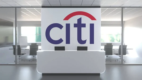 CITI logo above reception desk in the modern office, editorial conceptual 3D rendering — Stock Photo, Image