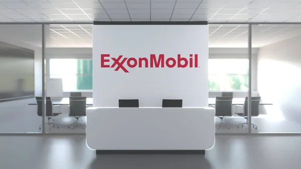 Exxon Mobil在现代办公室墙上的标志，编辑概念3D渲染 — 图库照片