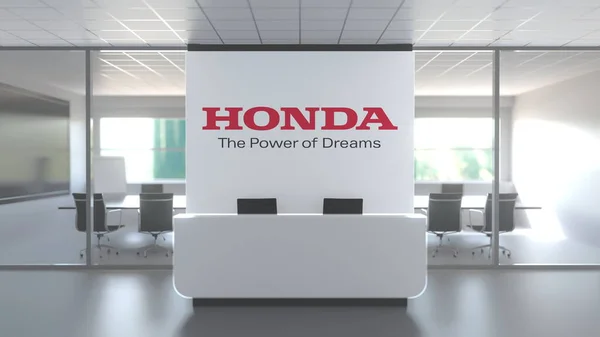 Modern ofiste resepsiyon masasının üstünde Honda logosu, editoryal kavramsal 3D yorumlama — Stok fotoğraf