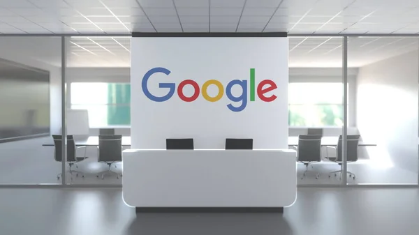 谷歌在现代办公室墙上的标志，编辑概念3D渲染 — 图库照片