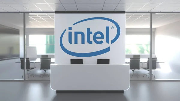 Современный конференц-зал и прием с логотипом INTEL CORPORATION. Редакционная концептуальная 3D рендеринг — стоковое фото