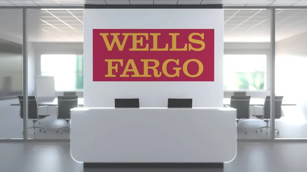 Wells Fargo logó a recepciós pult felett a modern irodában, szerkesztői koncepció 3D-s renderelés — Stock Fotó
