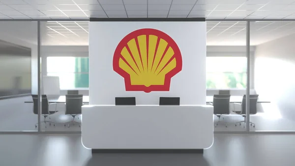 Royal Dutch Shell Plc λογότυπο στο σύγχρονο γραφείο και μια αίθουσα συνεδριάσεων, εκδοτική εννοιολογική 3d απόδοση — Φωτογραφία Αρχείου