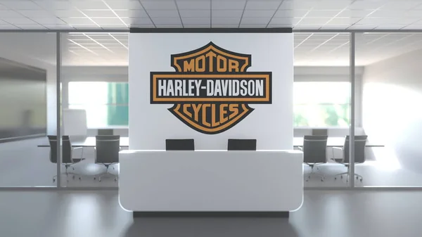 Harley-Davidson在现代办公室墙上的标志，编辑概念3D渲染 — 图库照片