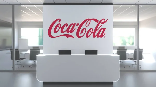 Logo dari COCA-COLA di dinding kantor modern, editorial konseptual 3D rendering — Stok Foto