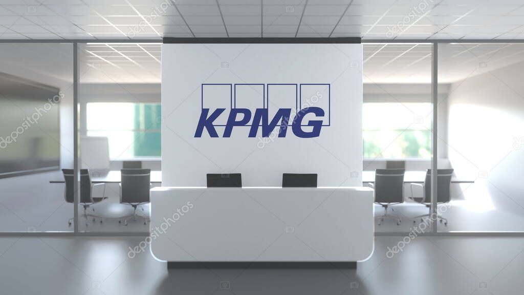 Logo on a wall in the modern office, editorial conceptual 3D