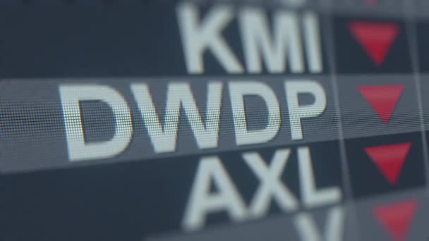 DOWDUPONT DWDP autocolant stoc pe ecran cu săgeată în scădere. Animație loopabilă legată de criza editorială — Videoclip de stoc