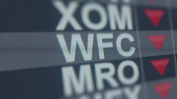 Wells Fargo Wfc stock ticker csökkenő nyíl, konceptuális szerkesztői válság kapcsolódó hurok animáció — Stock videók