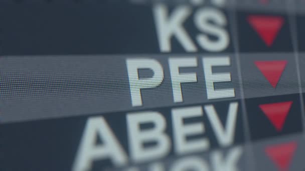 PFIZER PFE stock ticker on the screen with decreasing arrow. Editorial crisis related loopable animation — Stockvideo