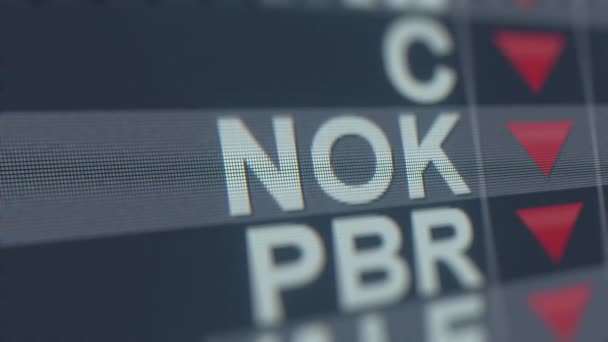 Nokia Adr Nok stock ticker z malejącą strzałką, konceptualny kryzys redakcyjny związane pętli animacji — Wideo stockowe