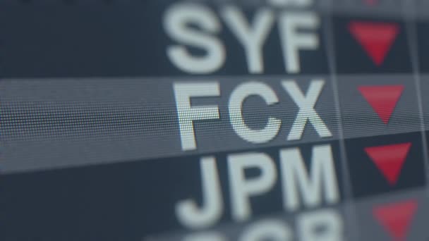 Freeport-Mcmoran Fcx stock ticker op het scherm met afnemende pijl. Redactionele crisis gerelateerde loopable animatie — Stockvideo