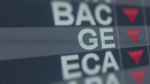 Giełdowy ticker General Electric Ge ze zmniejszającą się strzałką. Animacja pętlowa związana z kryzysem redakcyjnym — Wideo stockowe