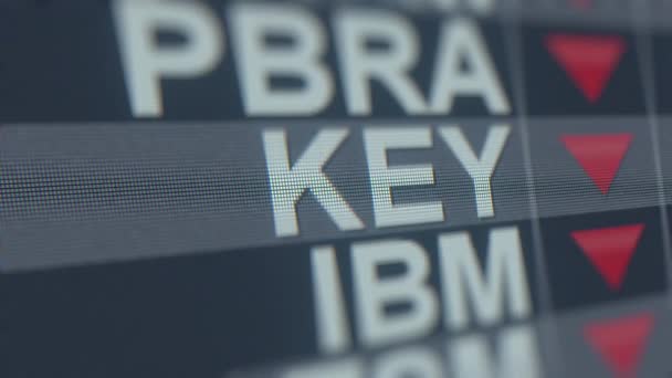 Beurs ticker van Keycorp Key met dalende pijl. Redactionele crisis gerelateerde loopable animatie — Stockvideo