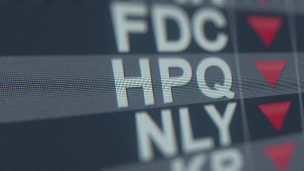 HP HPQ ticker estoque na tela com seta decrescente. Animação loopable relacionada à crise editorial — Vídeo de Stock