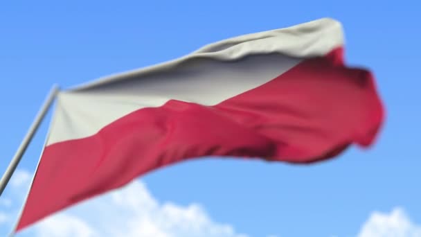 Размахивая национальным флагом Польши, вид с низкого угла. Передвижная реалистичная замедленная 3D анимация — стоковое видео