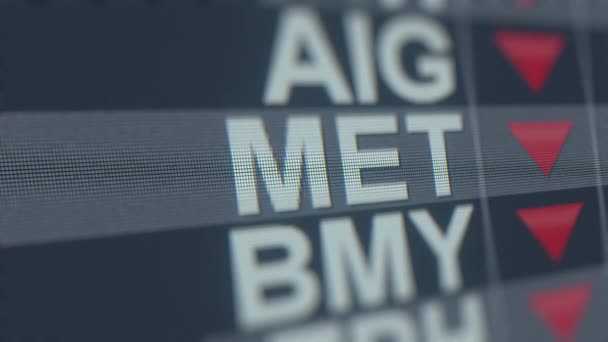 Etiqueta de estoque METLIFE MET na tela com seta decrescente. Animação loopable relacionada à crise editorial — Vídeo de Stock