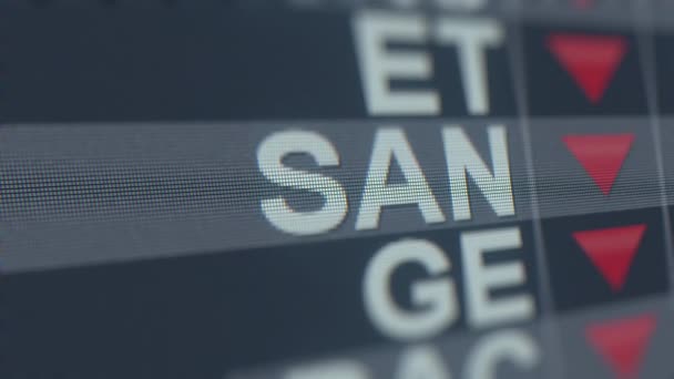 BANCO SANTANDER ADR SAN marcador de stock en la pantalla con flecha decreciente. Animación loopable relacionada con la crisis editorial — Vídeos de Stock