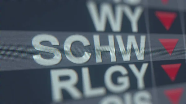 CHARLES SCHWAB SCHW stock ticker sur l'écran avec flèche décroissante. Éditorial rendu 3D lié à la crise — Photo
