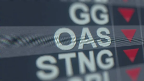 減少矢印とオアシス石油Oas株式ティッカー,概念的な編集危機関連の3Dレンダリング — ストック写真