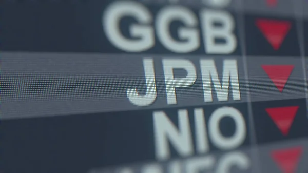JPMORGAN CHASE JPM stock ticker avec flèche décroissante, conceptuel Éditorial crise liée rendu 3D — Photo