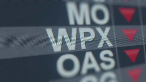 Wpx Energy Wpx stock ticker met dalende pijl, conceptuele redactionele crisis gerelateerde loopable animatie — Stockvideo