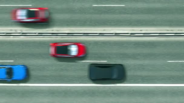 Αεροφωτογραφία πάνω προς τα κάτω των αυτοκινήτων αποκαλύπτοντας σημαία των Ηνωμένων Αραβικών Εμιράτων Uae στο δρόμο. Ταξιδεύοντας σχετικές εννοιολογικές 3d animation — Αρχείο Βίντεο