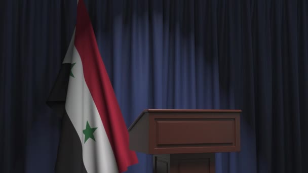 Syriens flagga och talarpodiet. Politisk händelse eller uttalande relaterad begreppsmässig 3D-animation — Stockvideo