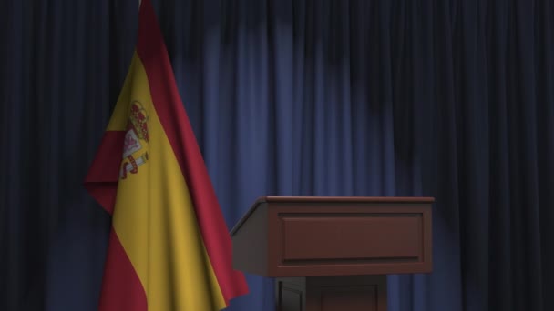 Spaniens nationalflagga och talarpodiet. Politisk händelse eller uttalande relaterad begreppsmässig 3D-animation — Stockvideo