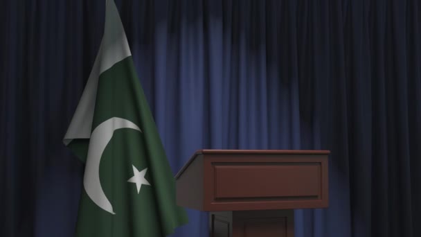 Flag of Pakistan and speaker podium tribune. Political event or statement related conceptual 3D animation — Stock Video